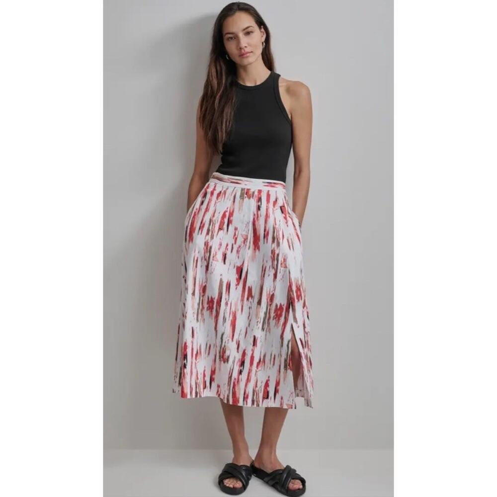 DKNY Women's Linen Blend Print Pull On Midi Skirt (Pink, White, XL), NWT $109